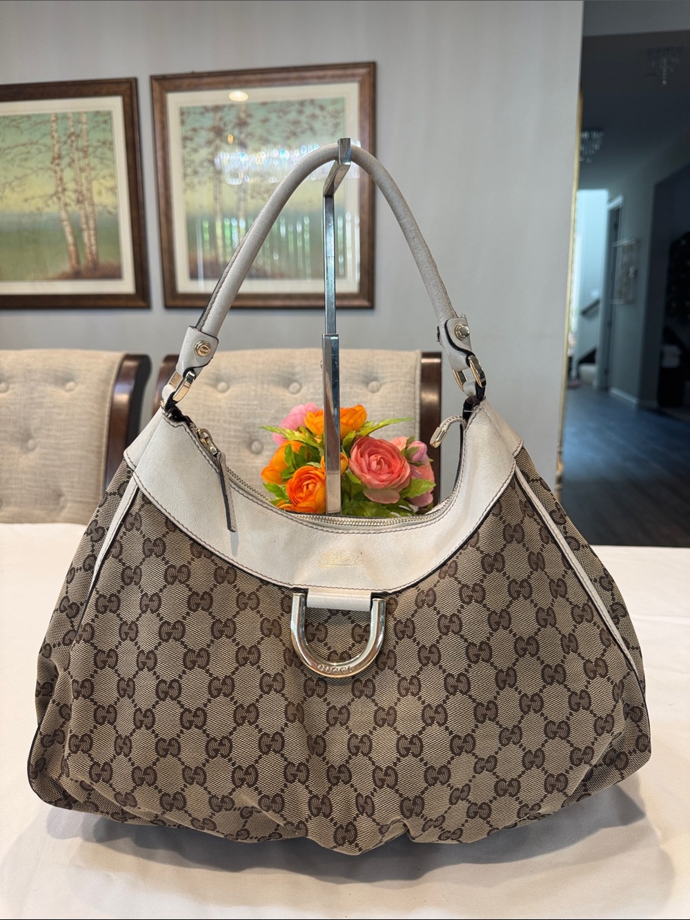 Authentic Gucci Brown GG Canvas Shoulder Hobo with White Trim